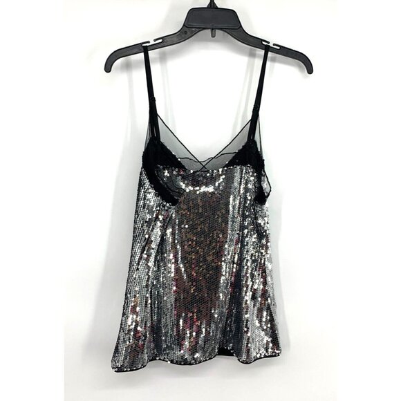 Allegra K Cami Top Sequin Mesh Panel Sleeveless Gray Black - Picture 7 of 9